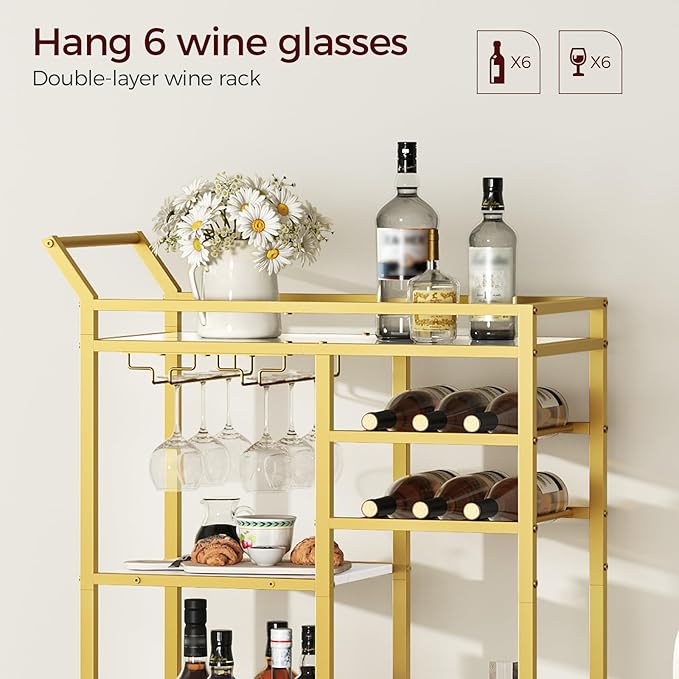 Bar Cart for Home, 3-Tier Serving Cart with Mirrored Top, Beverage Cart with Wine Rack and Glass Holder, Drink Cart with Wheels, for Dining Room, Living Room, Gold and White RCJM7101