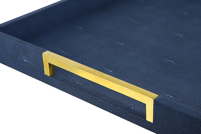 HofferRuffer Faux Leather Serving Tray with Gold Metal Handles, Stylish Decorative Tray Organizer for Coffee Table, Ottoman, Home Decor and Serving (Blue Shagreen, 18.9" x 18.9" x 2")