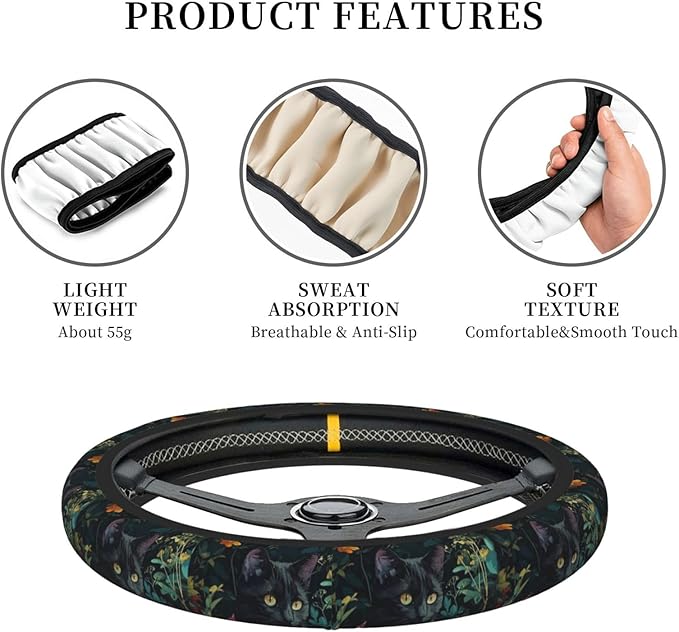Car Steering Wheel Cover with Anti-Slip Lining, Universal 15 inch Wheel Cover, Fashion Car Interior Accessories for Women Men - Vintage Flower Black Cat