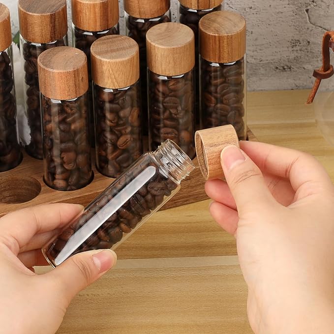 JUXYES Set of 12 Single Dose Coffee Bean Storage Tubes with Wooden Stand and Lids, Dosing Glass Vials for Coffee Storage, Coffee Bean Container Cellars, Espresso Bean Canisters Set, 2 fl oz, 1.7 fl oz