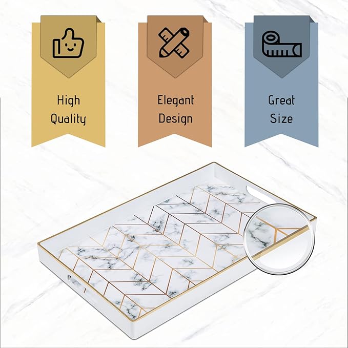 MAONAME Rectangular Decorative Tray, Modern White Serving Tray with Handles, Marbling Plastic Trays for Ottoman, Coffee Table Trays for Living Room, Home Decor, 15.8" x 10.2" x 1.4"