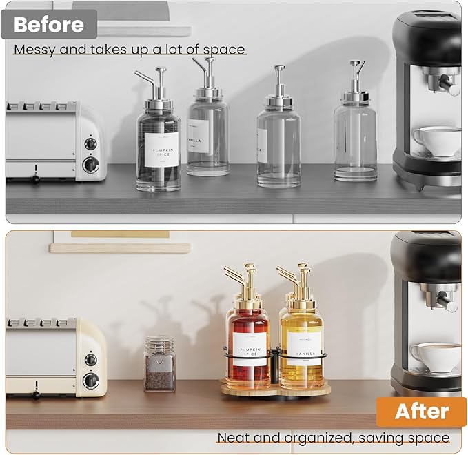 THYGIFTREE Rotating Coffee Syrup Organizer 4 Bottles Syrup Rack for Countertop Wood Bottle Holder Stand for Coffee Bar Station, Wood