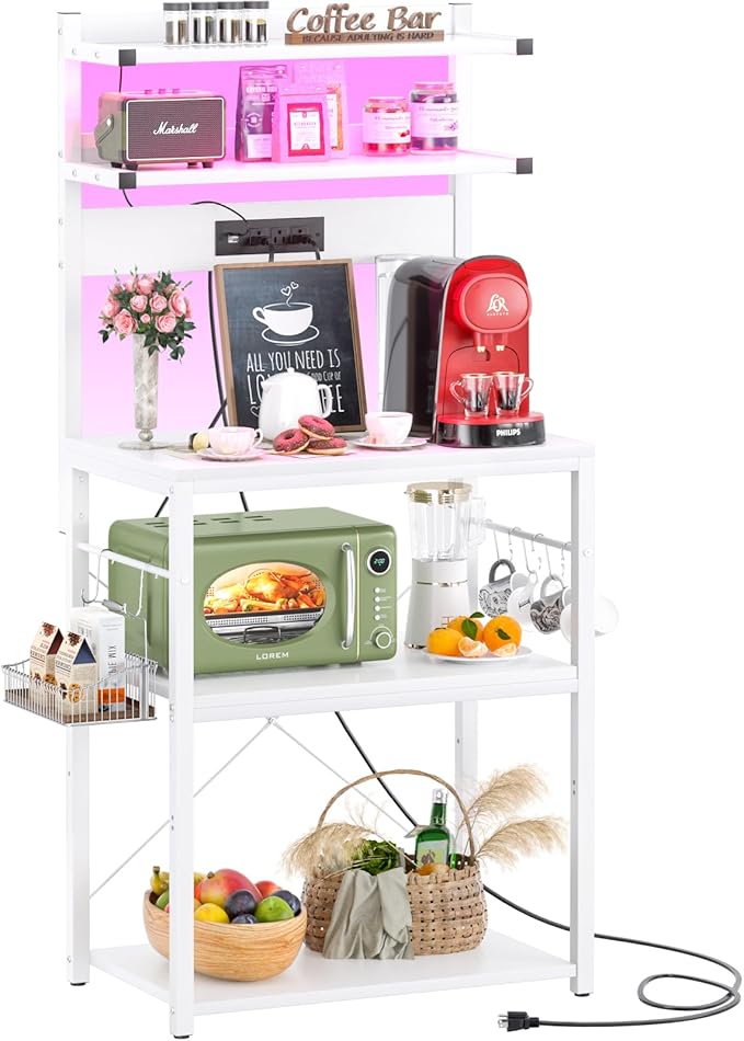 Aheaplus Bakers Rack with Power Outlet, Microwave Stand, 5 Tiers Coffee Bar Station with Led Lights, Kitchen Storage Shelf with 6 S-shaped Hooks, Kitchen Rack for Spices, Pots and Pans, White