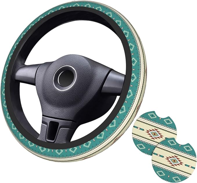 Rustic Western Aztec Steering Wheel Cover for Women Men with 2 Pcs Car Coasters, 15 Inches Neoprene Anti-Slip Cute Universal Car Accessories Protective Cover for Vehicle