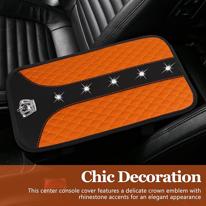 Bling Crown Car Center Console Cover, 12.7"×7.7" Armrest Cover for Cars, Waterproof Leather Arm Rest Box Pad Cushion, Universal Middle Console Cover Protector, Car Accessories (Orange)