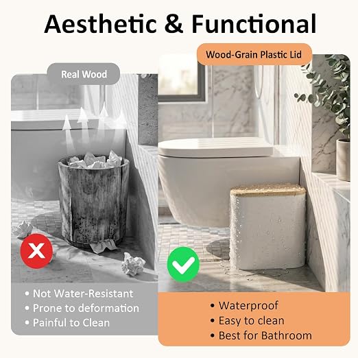 Small Bathroom Trash Can with Lid, 10L/2.6 Gal Slim Wastebasket - Odor & Pet Proof, Inner Bucket & Wood Grain Top, Plastic White Garbage Can for Kitchen, Bedroom, Living Room, Office, RV