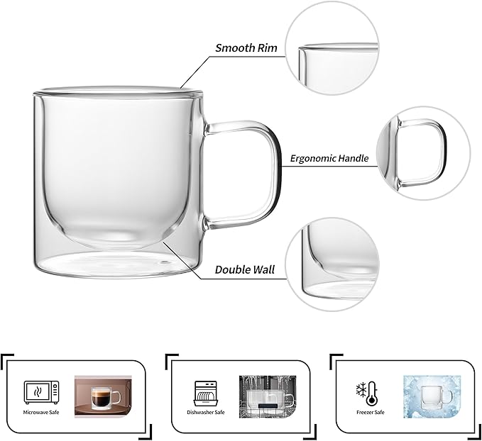 NIRA.Z Double Wall Glass Coffee Mugs Set of 4, 12 oz Insulated Borosilicate Glass Cups with Handle, Clear Thermal Espresso Latte Cappuccino Tea Cups for Hot & Cold Drinks