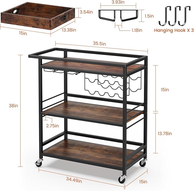 Leteuke Bar Cart for Home, 3 Tier Black Serving Rolling Carts with Wheels, Drink Cart, Liquor Stand with Removable Tray, Wine Rack and Glass Holder for Kitchen, Outdoor, Dining Room-Black Brown