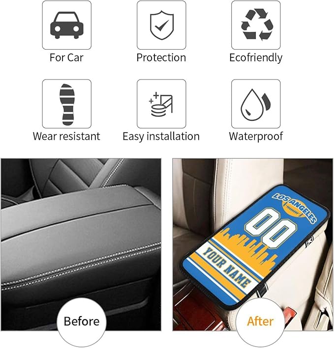 Custom Los Angeles Car Armrest Covers Personalized Football Style with Name Number Customized Auto Center Console Pad Car Handrail Box Cushion for Most Vehicle Decor Accessories, Fans Gift