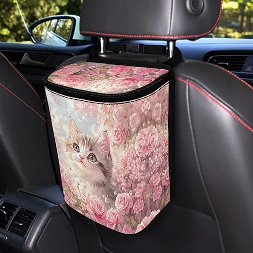DISNIMO Blossom Cat Car Trash Can Easy-to-Install Car Accessory Interior, Leak-Proof Car Garbage Can Bin Organizer Storage Bag for the Back Seat of Any Cars, Sedans, SUVs & Trucks