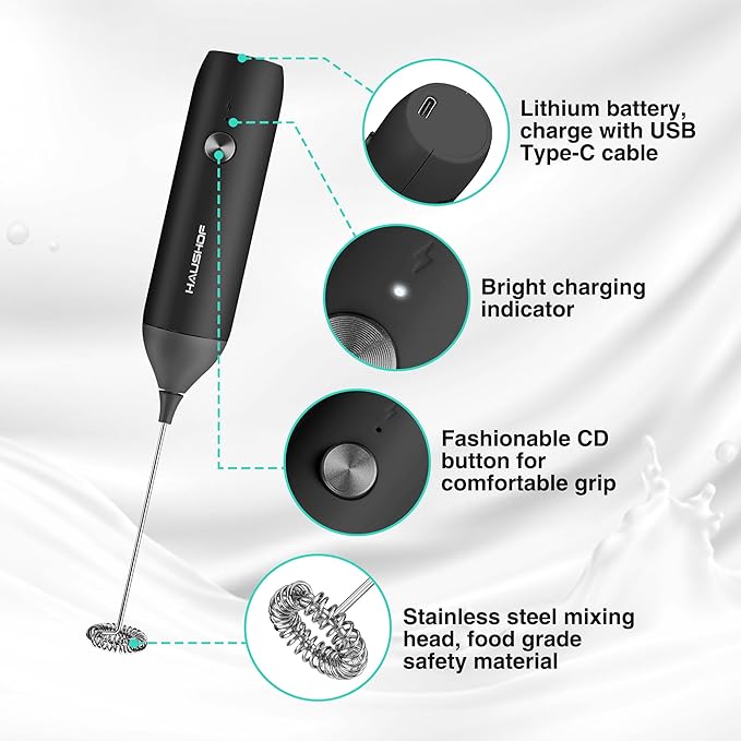 HAUSHOF Powerful Rechargeable Milk Frother Wand, Handheld Electric Foam Maker, Drink Mixer with Detachable Stainless Steel Whisk for Coffee Latte, Cappuccino, Matcha, No Stand, Black