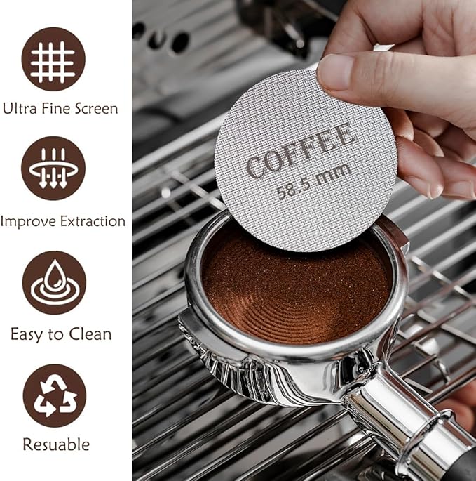 Puck Screen 58.5mm Reusable Puck Screen for Espresso Portafilter, 1.7mm Thickness 150μm 316 Stainless Steel Screen Filter Basket Compatible with Espresso Machine