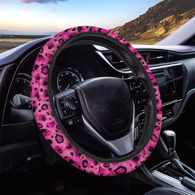 Universal Non-Slip Steering Wheel Cover, 15-inch Polyester Material Driving Accessories, Adjustable for Car and Truck(Cool Purple Leopard Print)
