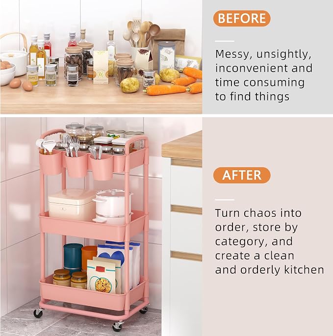 JIUYOTREE 3-Tier Plastic Rolling Storage Cart Utility Cart with Extra Hanging Cups Handles Lockable Wheels for Living Room Bathroom Kitchen Office Pink