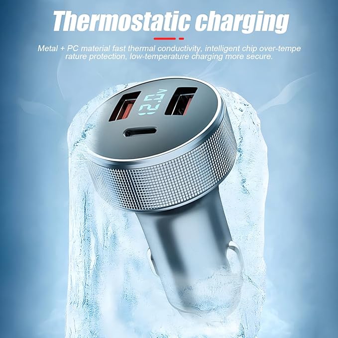 72W Fast Car Charger Adapter, Dual USB Fast Charging Type C Car Charger with LED Display Adapter, QC 3.0 PD Cigarette Lighter Adapter for Laptop Smartphone, 3 in 1 Power Delivery for All Car