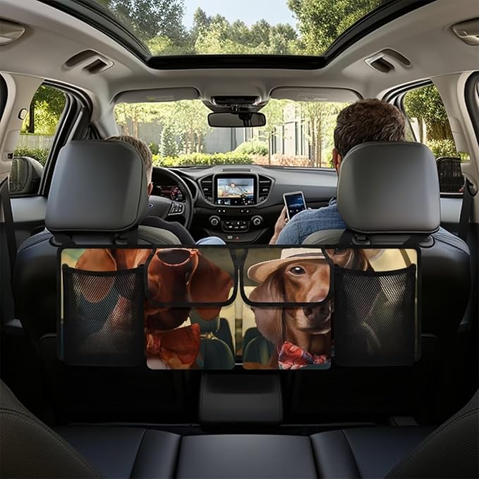 Car Trunk Organizer,Large Car Storage with 4 Pockets,Waterproof Backseat Hanging Organizer for SUV,Truck,MPV,Car Interior Accessories for Men and Women,Funny Dog Driving Print