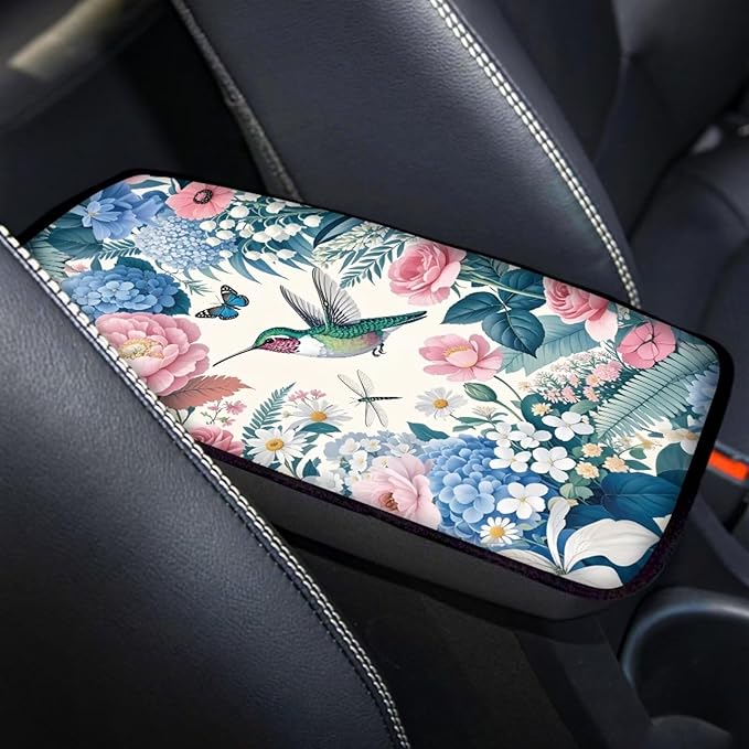 Blue Pink Floral Hummingbird Print Auto Center Console Cover Arm Rest Cover for SUV Truck,Soft Car Arm Rest Cover Universal Fit