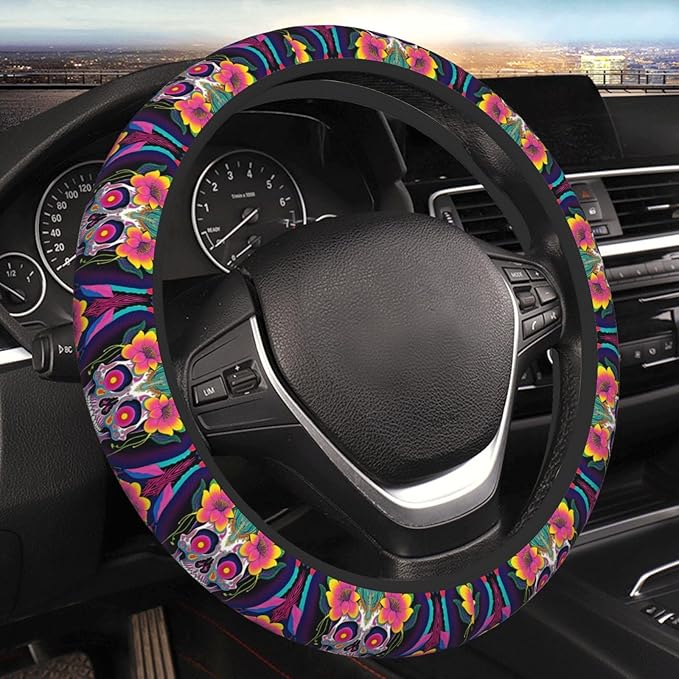 Psychedelic Pot Leaf Skull Floral Universal Fit Steering Wheel Cover for Car, Truck, and SUV, Durable Steering Wheel Protection
