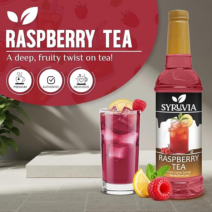 Syruvia Raspberry Tea Flavored Syrup for Drinks, Cocktails, Lemonades, Iced Teas and Desserts – 25.4 fl oz, With Pump