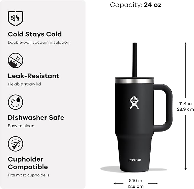 Hydro Flask Travel Tumbler with Handle, Lid and Straw - Insulated Stainless Steel in 24 Oz Glimmer Blue