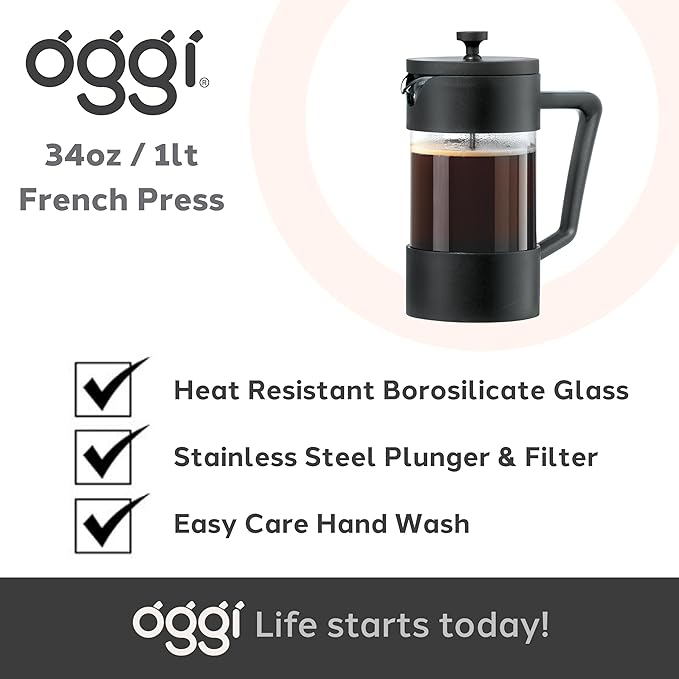 Oggi Borosilicate Glass French Press Coffee Maker (34oz)- 8 Cup Capacity, Coffee Press, Single Serve Coffee Maker, Stainless Steel Lid & Plunger, Make Great Coffee Gifts