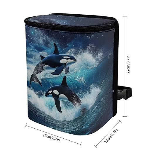 DISNIMO Ocean Killer Whale Hanging Car Trash Can Black Car Garbage Storage Bag with Lid Auto Rubbish Bin Leak-Proof Cars Trash Can Portable Organizer for Men Women Keeps Clean