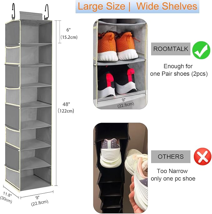 2 Pack Large-Sized Hanging Shoe Organizer 8-Shelf, Hanging Closet Organizer with 8 Side Pockets, Wider Hanging Shelves for Storage Shoes Clothes 9" W × 11.8" D× 48" H, Grey.