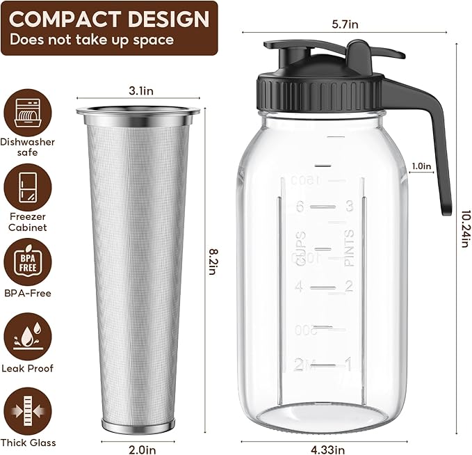 2 Pack 64 oz Cold Brew Coffee Maker Jar - Thick Glass Cold Brew Maker with Handle, Stainless Steel Filter & Leak-Proof Lid, Cold Brew Pitcher for Iced Coffee,Tea and Milk (2 Quart / 1.9 Liter)