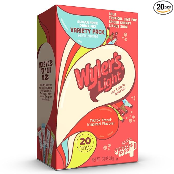 Wyler’s Light Singles To Go Water Drink Mix, Soda-Inspired Flavor Pack, 20 Sticks (Cola, Tropical Lime Pop, Spiced Cherry, Citrus Soda), Sugar Free, Low Calorie