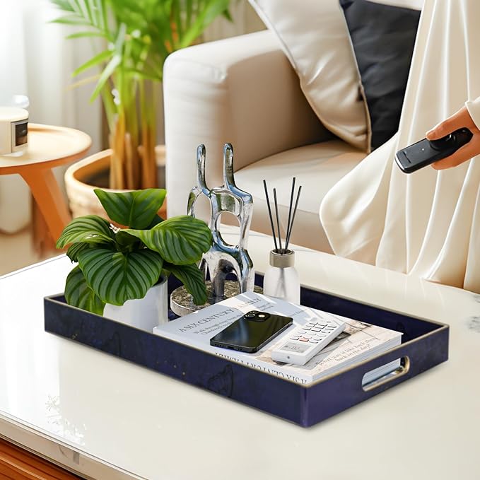 MAONAME Rectangular Decorative Tray, Butterfly Plastic Serving Tray with Handles, Modern Blue Trays for Ottoman, Coffee Table Trays for Living Room, Home Decor, 15.8" x 11.8" x 1.6"