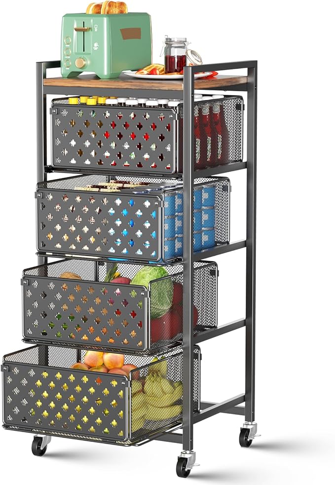 5 Tier Kitchen Storage Cart with Wheels, Utility Fruit Vegetable Storage Rack Stand with Pull-Out Baskets & Wood Top, Metal 4-Drawers Rolling Snack Cart, Kitchen Cart for Potato Onion(Black)