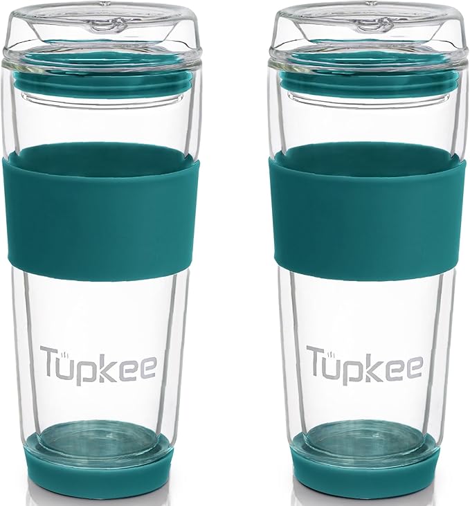 Tupkee Double Wall All Glass Tumbler - 14-Ounce, Reusable Insulated Tea/Coffee Mug & Lid, Hand Blown Glass Travel Mug - Cyan- 2 Pack