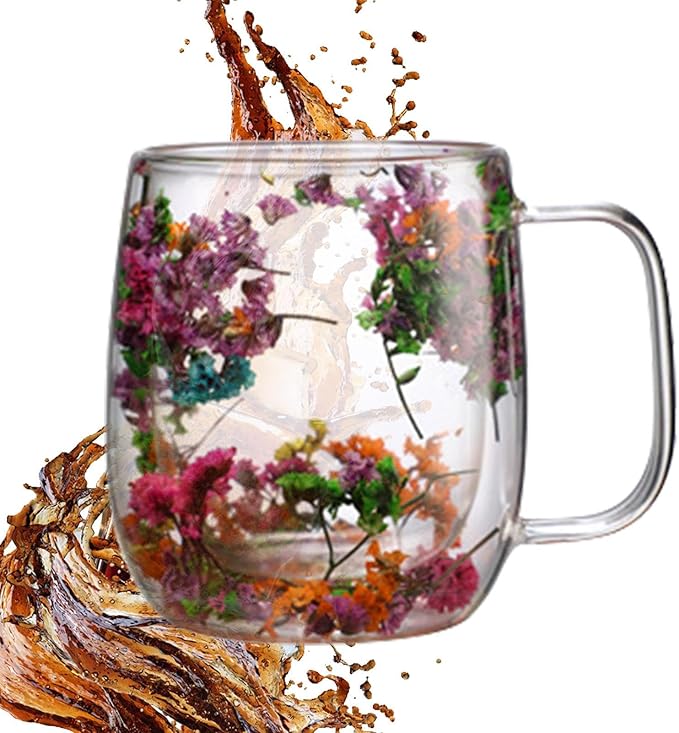 Dried Flowers Insulated Glass Double Wall Coffee Mug With Handle 250ml/390ml Transparent Double Glases Flower Tea Cup Latte Coffee Cup Borosilicate Glass Tea Mug