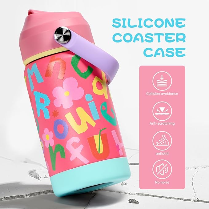 Kids Insulated Water Bottle with Straw Lid, 12 oz BPA-FREE Double Wall Vacuum Tumbler 18/8 Stainless Steel Leak Proof Kids Cups with Straw for School Travel Boys Girls (Pink Letters)