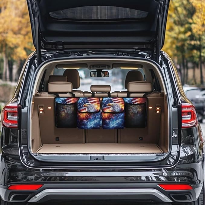 Trunk Hanging Organizer, Bald Eagle American Flag Backseat Bag, Car Interior Accessories Decoration with Pocket for Groceries, Provide Storage Space for SUV, Jeep, MPVs