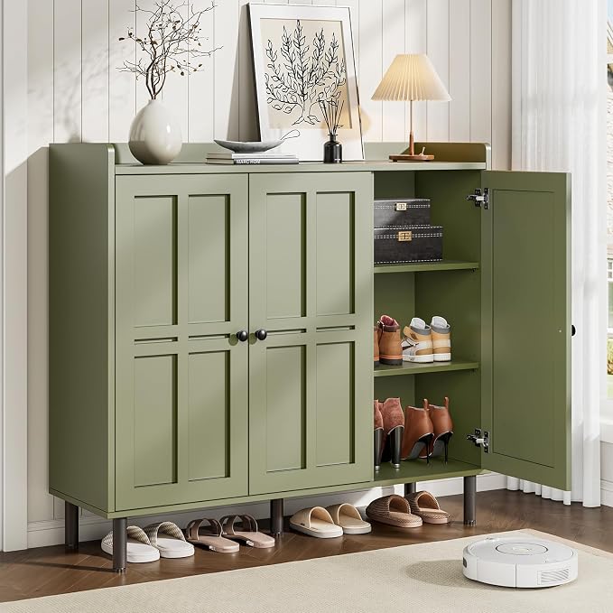 ONBRILL Shoe Cabinet with 3 Doors and Adjustable Shelves, 30 Pairs Shoe Storage Cabinet, 40 Inch Tall Farmhouse Shoe Rack Shoe Organizer Cabinet for Entryway Living Room Closet, Green