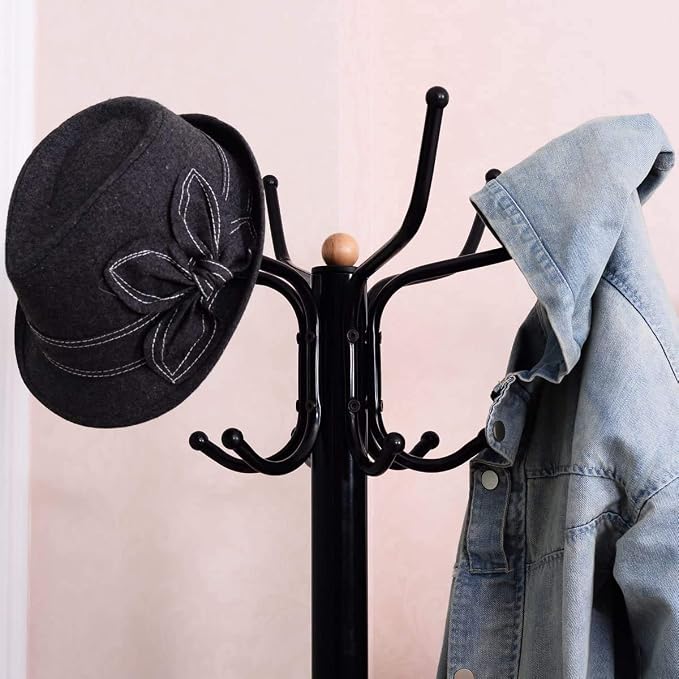 LDAILY Moccha Standing Coat Rack, Metal Frame, Study Portable Free Standing Entryway Hat Coat Jacket Umbrella Holder, Hanger with Base Coat Tree Stand, Black