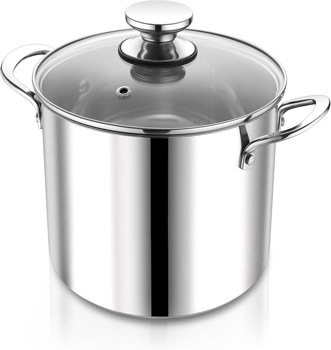 P&P CHEF 8 Quart Stainless Steel Stock Pot with Lid, Large Stockpot for Cooking Pasta Soup, Cookware for Induction Gas Electric Stoves, Visible Lid & Measuring Markings, Dishwasher Safe