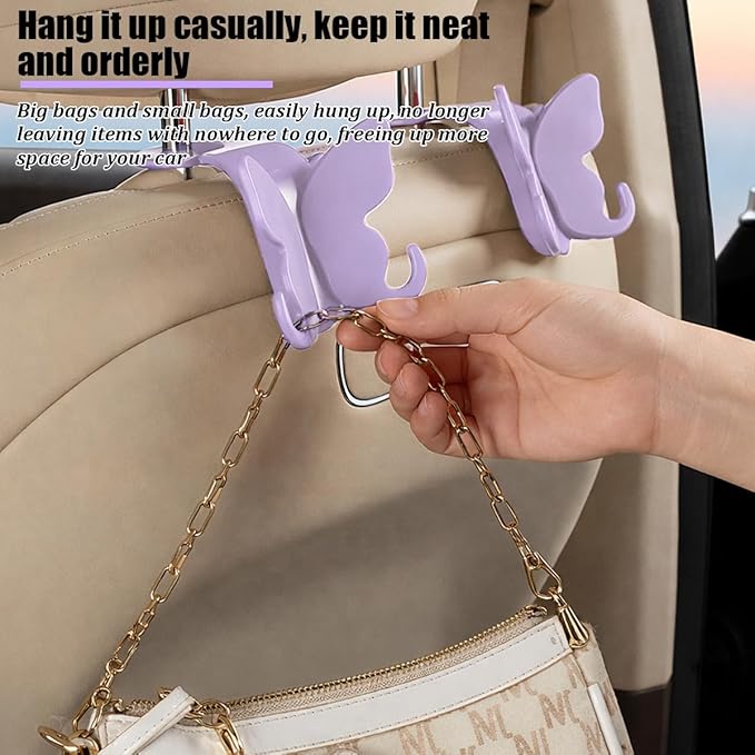 2PCS Car Seat Headrest Hook, Cute Butterfly Backseat Storage Hanger Organizer for Purse Handbag Umbrella, Auto Interior Seat Back Hook Holder Decor, Universal for SUV Truck Van (Purple)