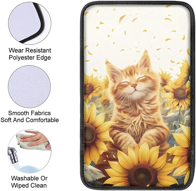 Floral Cat Car Center Console Cushion Pad Decorative Cute Armrest Box Cover Center Console Pad Non Slip SUV Vehicle Automotive Interior Decoration for Women