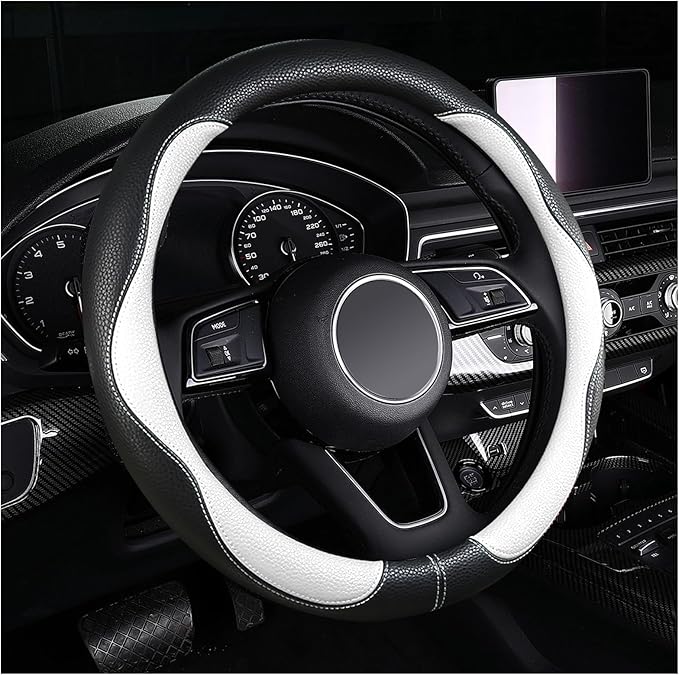Steering Wheel Cover, Non-Slip Breathable Comfort PU Imitation Leather Cute Car Accessories for Women Girl, Universal Protector in All Season 15 inch Fit Most Car(White)
