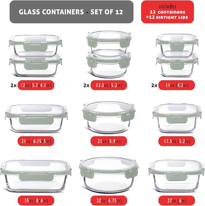 Nestl 24pc Glass Storage Containers with Lids, 12 Glass Food Storage Containers with 12 Airtight Lids for Pantry & Kitchen, Meal Prep Containers for Lunch, Oven Microwave & Dishwasher Safe, Sage Green