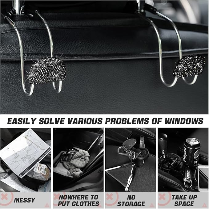 AUCELI Car Headrest Hook, 2 Pack Bling Backseat Organizer Hanger for Purse Clothes Grocery Bag, Rhinestones Auto Headrest Storage Holder, Universal Car Seat Accessories for Most Vehicle (Black)