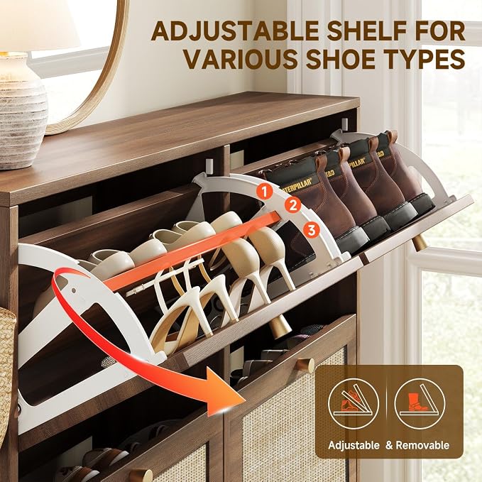 Nicetree Shoe Cabinet Storage for Entryway, 4-Flip Drawer Narrow Shoe Rack, Organic Modern Rattan Shoe Organizer with Gold Legs, Shoe Organizer Fits Men's Size 13.5, Toasted Caramel Walnut