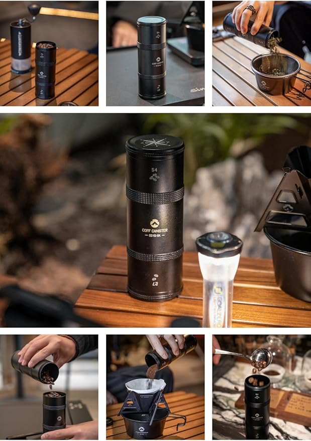 CAMPINGMOON 2-Layer Portable Coffee Bean Storage Canister Airtight Duralumin Coffee Travel Container Camping Lightweight Slim Mini Tea Caddy CNC Machined Metal Spice Jar Black M 27g 54g CC-51-BK