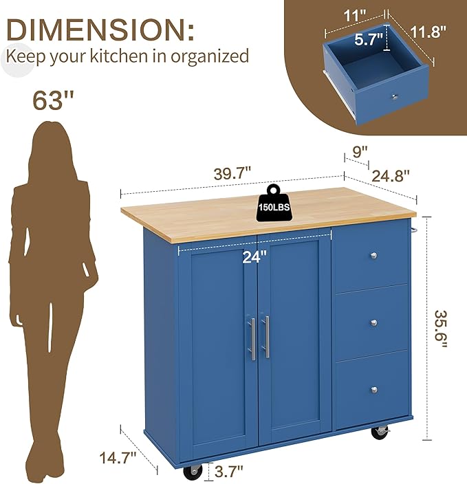 SUNLEI Kitchen Island on Wheels with Storage Cabinet & Foldable Drop Leaf, Rolling Kitchen Table, Cart Handle for Towel Rack, Drop Leaf, Portable Islands for Kitchen (Classic Blue, 39.7-INCH)