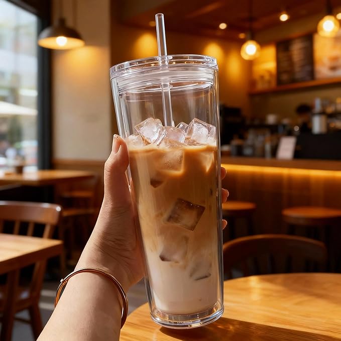 24oz Tumbler with Lid and Straw, Leak Proof and Double Wall Insulated Reusable Plastic Cups,Travel Reusable Iced Coffee Cup (1, Transparent)