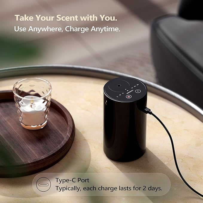 Airversa Waterless Essential Oil Diffuser Starter Kit with 4 x 10mL Fragrance Oil, Battery Operated Mini Scent Air Machine Portable Diffuser for Home Car Office, AN8 Kit2 Black