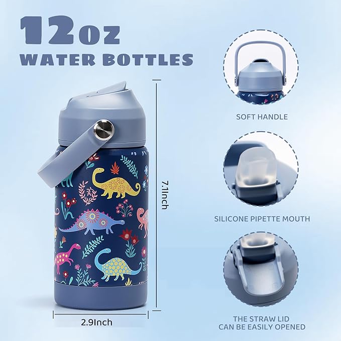 Kids Insulated Water Bottle with Straw Lid, 12 oz BPA-FREE Double Wall Vacuum Tumbler 18/8 Stainless Steel Leak Proof Kids Cups with Straw for School Travel Boys Girls (Dinosaur)