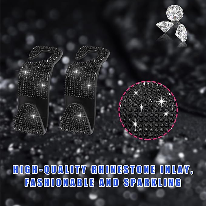 2 PCS Bling Car Seat Headrest Hooks, Crystal Rhinestone Back Seat Hanging Storage Organizer, Vehicle Seat Hanger Holder for Purse Handbag Coat, Interior Car Accessories (Black)